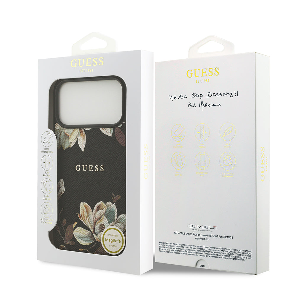 Guess iPhone 17 Pro Max Orjinal Lisanslı M-safe Şarj Özellikli Taneli Çiçek Tasarımlı Metal Yazı Logolu Kılıf