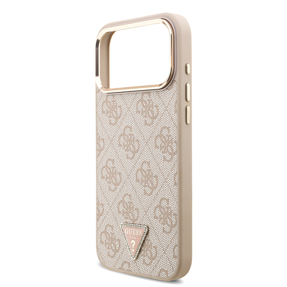 Guess iPhone 17 Pro Max Orjinal Lisanslı M-safe Şarj Özellikli Taşlı Üçgen Logo 4G Desenli Kılıf