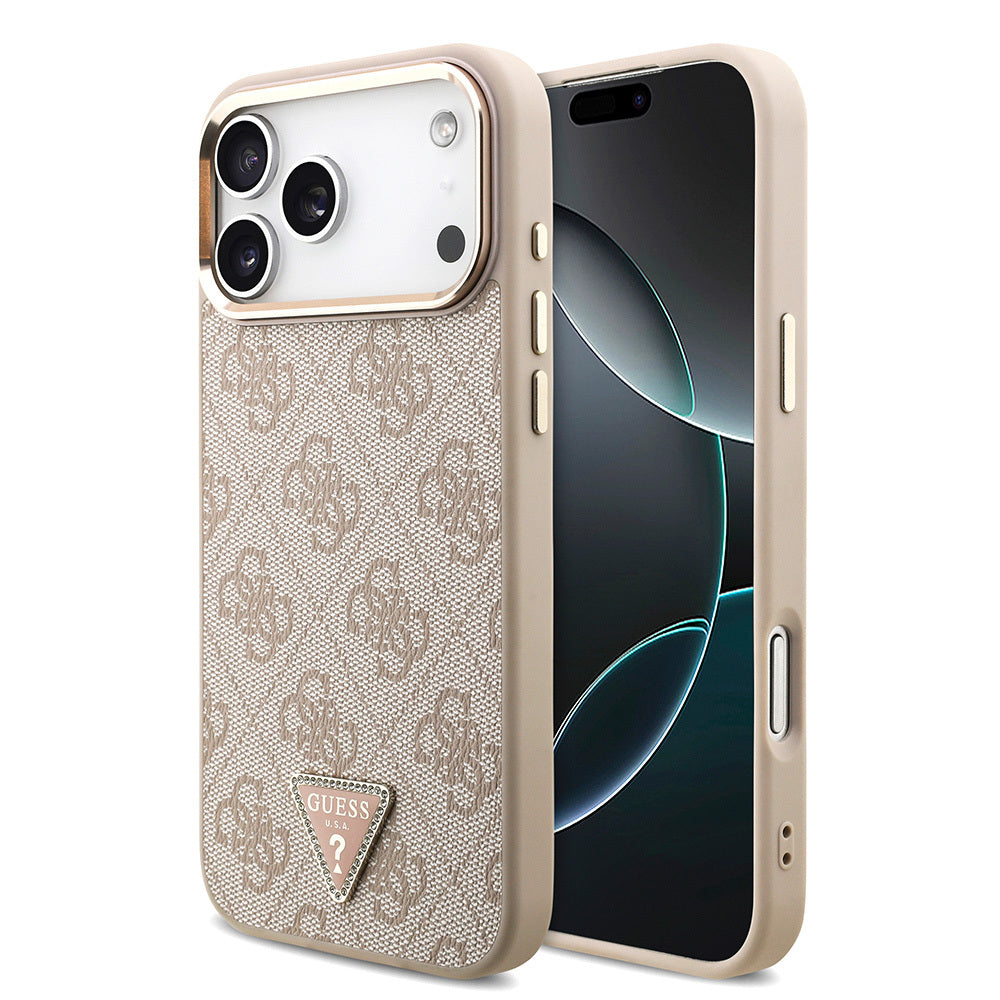 Guess iPhone 17 Pro Max Orjinal Lisanslı M-safe Şarj Özellikli Taşlı Üçgen Logo 4G Desenli Kılıf