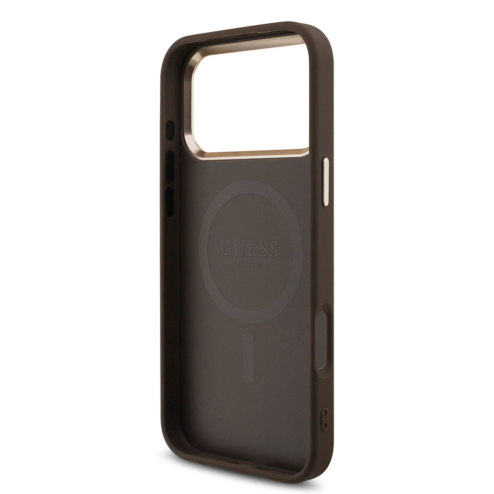 Guess iPhone 17 Pro Max Orjinal Lisanslı M-safe Şarj Özellikli Taşlı Üçgen Logo 4G Desenli Kılıf