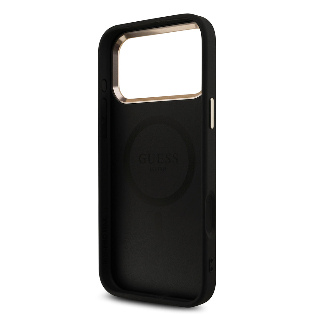 Guess iPhone 17 Pro Max Orjinal Lisanslı M-safe Şarj Özellikli Taşlı Üçgen Logo 4G Desenli Kılıf