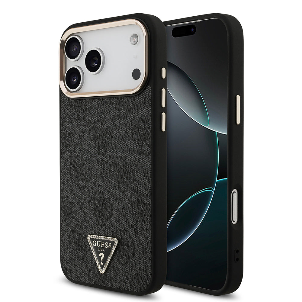 Guess iPhone 17 Pro Max Orjinal Lisanslı M-safe Şarj Özellikli Taşlı Üçgen Logo 4G Desenli Kılıf