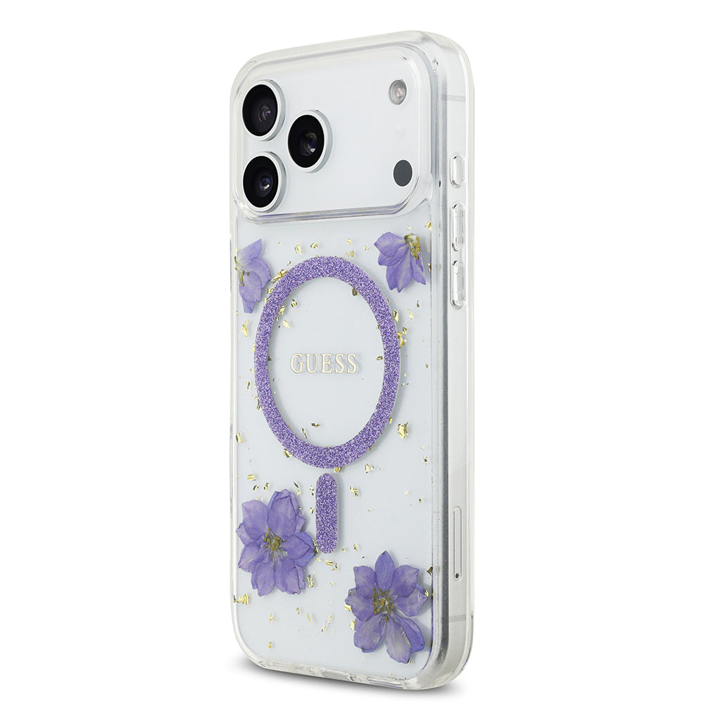 Guess iPhone 17 Pro Max Orjinal Lisanslı M-safe Şarj Özellikli Transparan Resin Flowers Kılıf