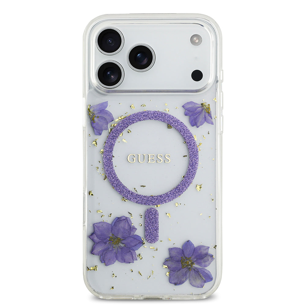 Guess iPhone 17 Pro Max Orjinal Lisanslı M-safe Şarj Özellikli Transparan Resin Flowers Kılıf