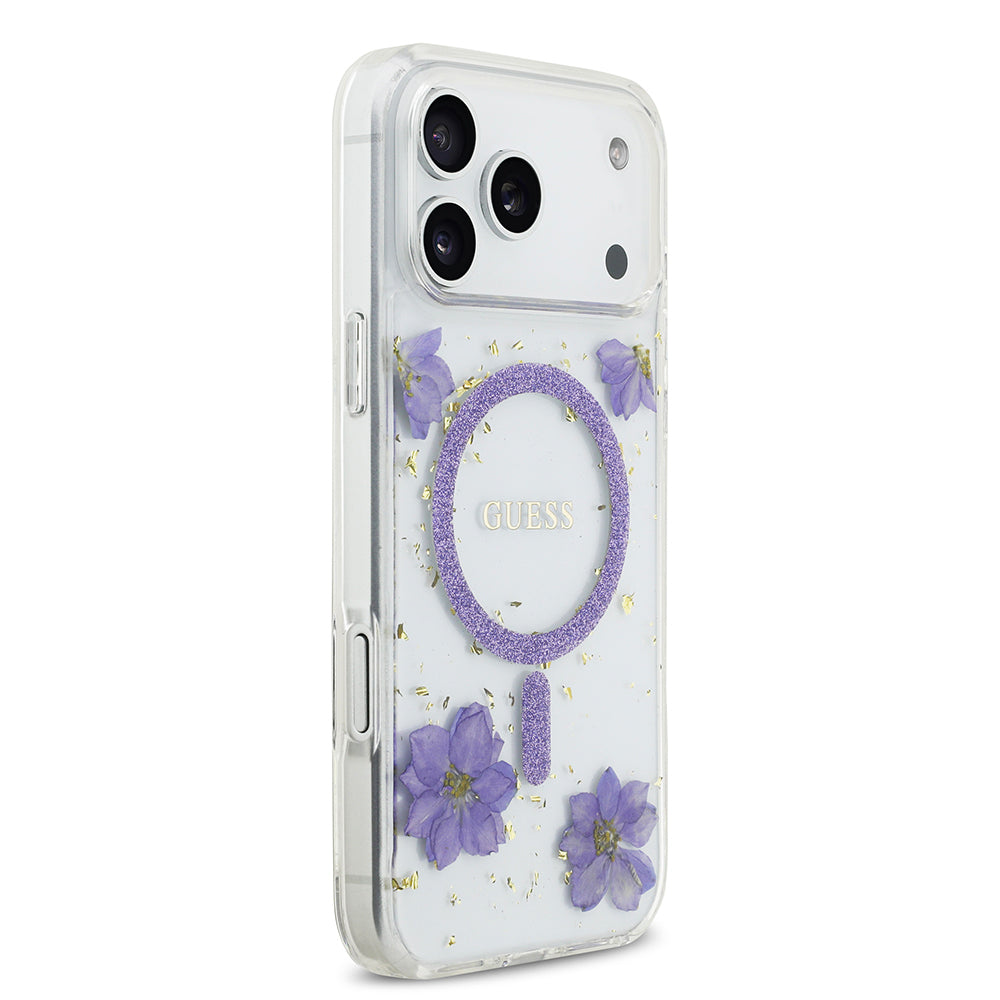 Guess iPhone 17 Pro Max Orjinal Lisanslı M-safe Şarj Özellikli Transparan Resin Flowers Kılıf