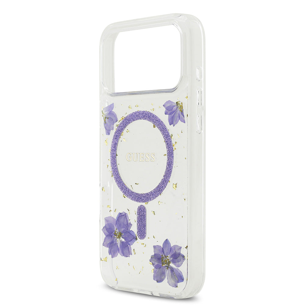 Guess iPhone 17 Pro Max Orjinal Lisanslı M-safe Şarj Özellikli Transparan Resin Flowers Kılıf