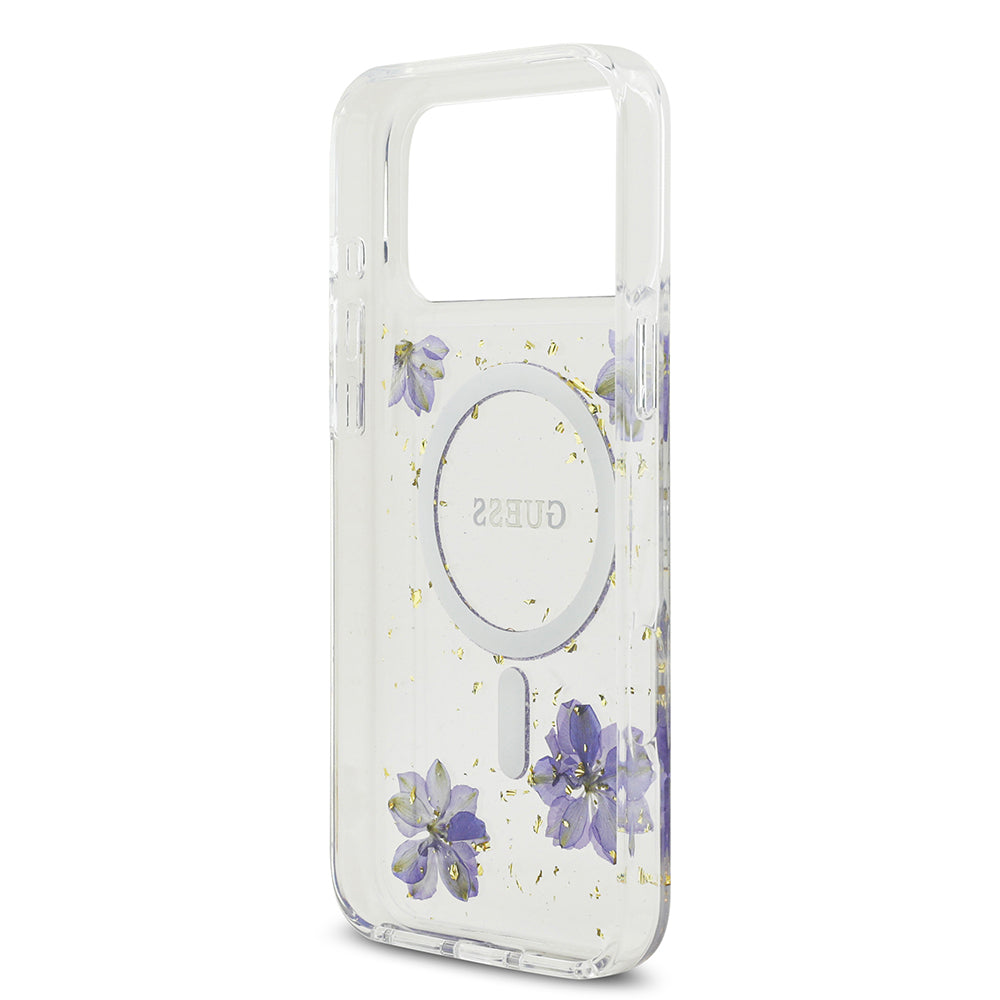 Guess iPhone 17 Pro Max Orjinal Lisanslı M-safe Şarj Özellikli Transparan Resin Flowers Kılıf