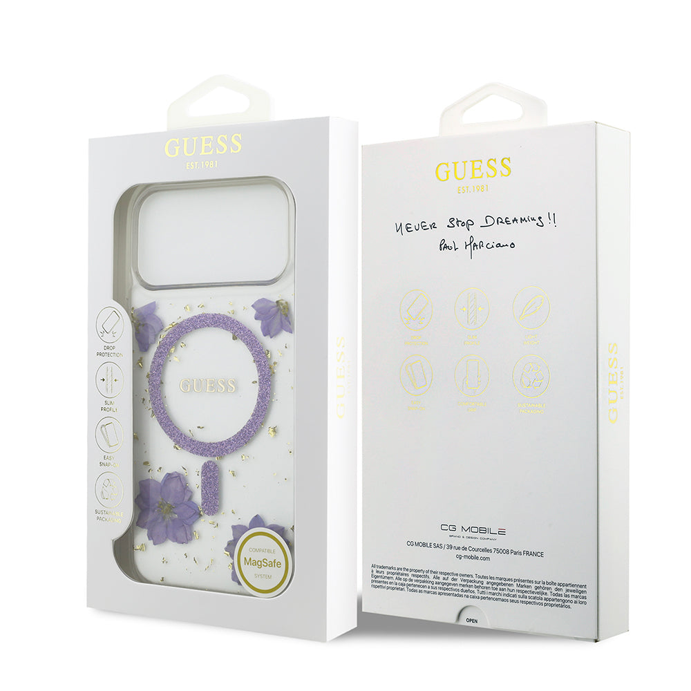 Guess iPhone 17 Pro Max Orjinal Lisanslı M-safe Şarj Özellikli Transparan Resin Flowers Kılıf