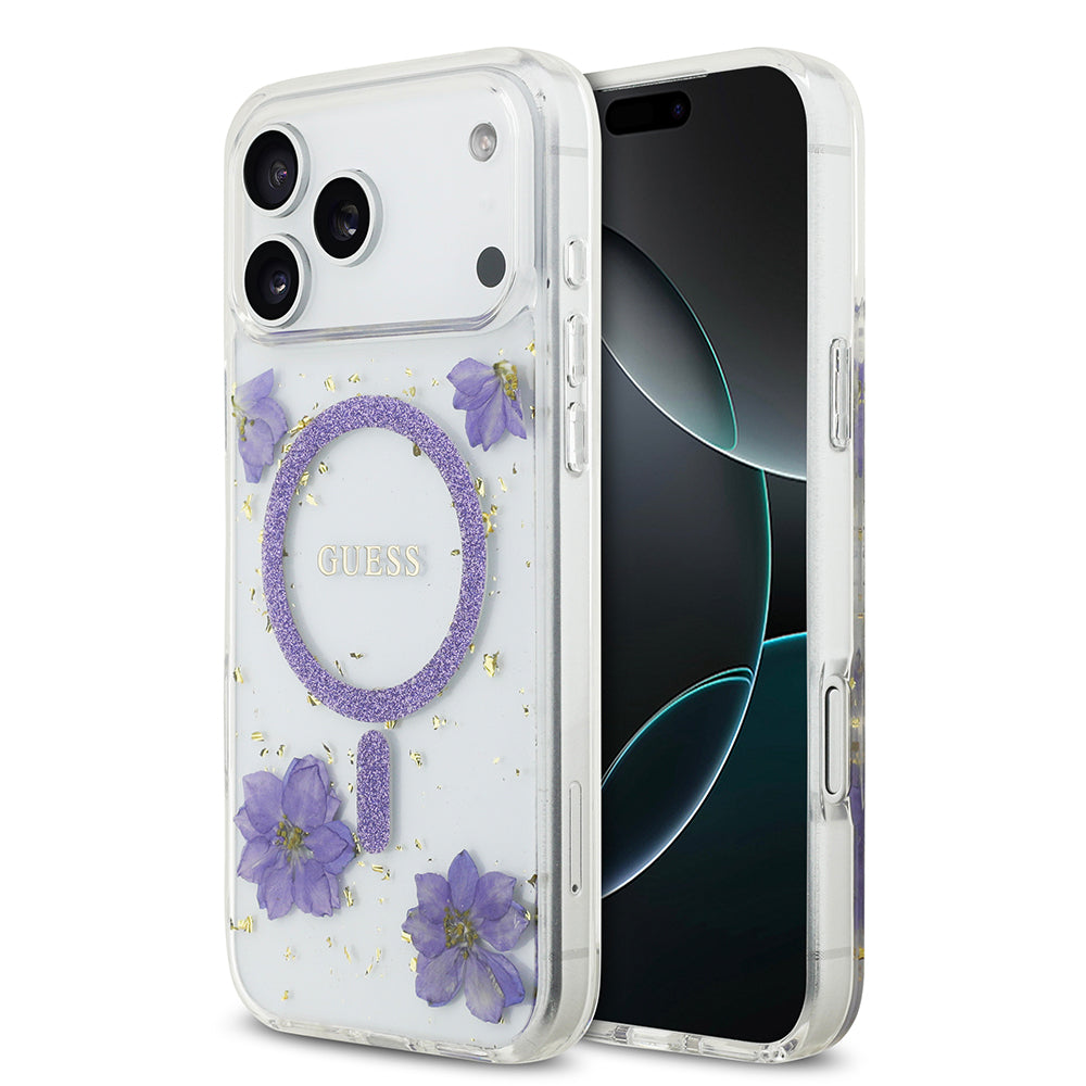 Guess iPhone 17 Pro Max Orjinal Lisanslı M-safe Şarj Özellikli Transparan Resin Flowers Kılıf