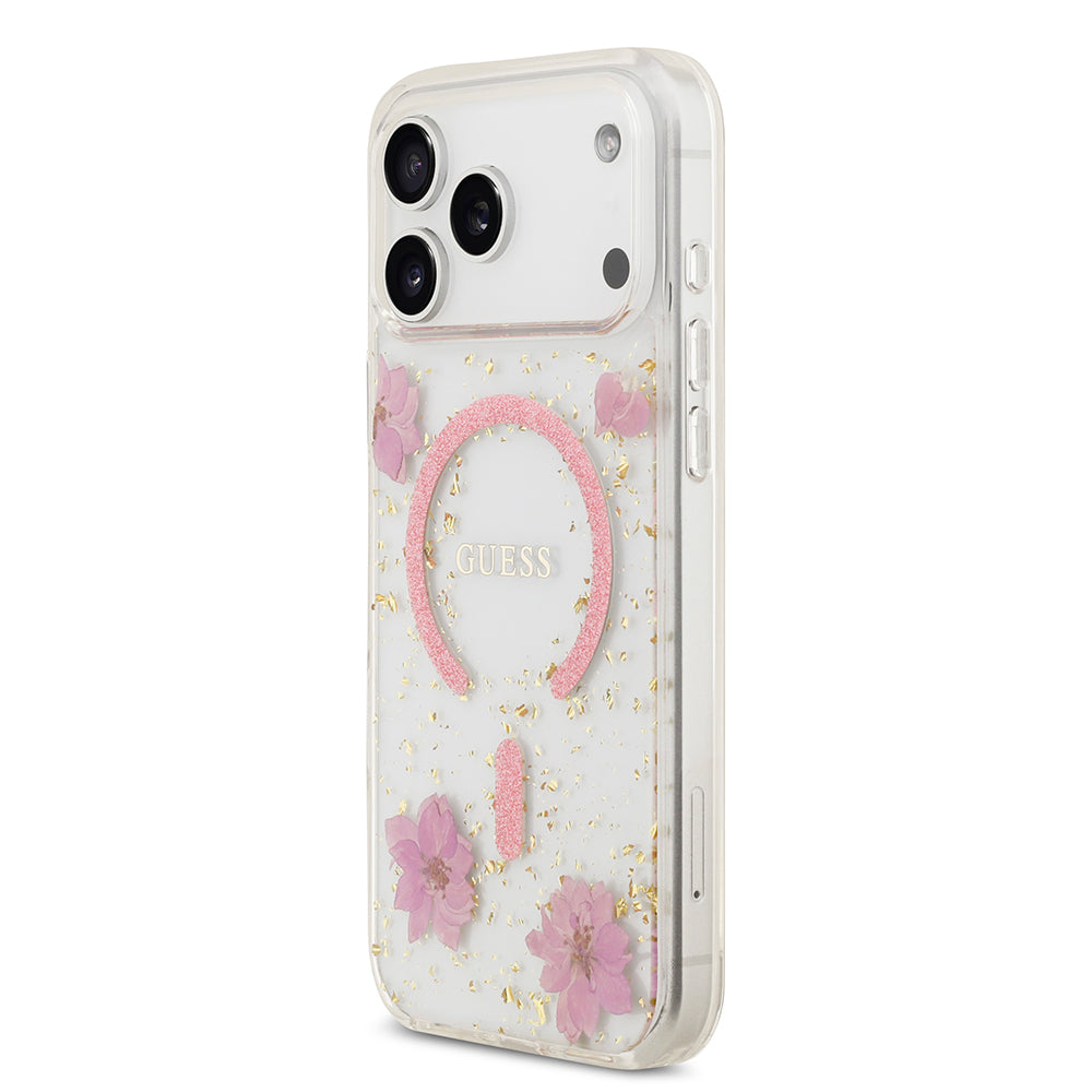 Guess iPhone 17 Pro Max Orjinal Lisanslı M-safe Şarj Özellikli Transparan Resin Flowers Kılıf