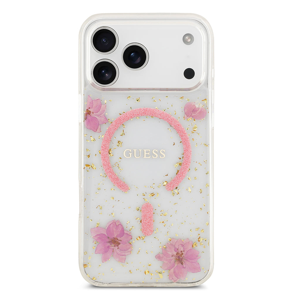 Guess iPhone 17 Pro Max Orjinal Lisanslı M-safe Şarj Özellikli Transparan Resin Flowers Kılıf