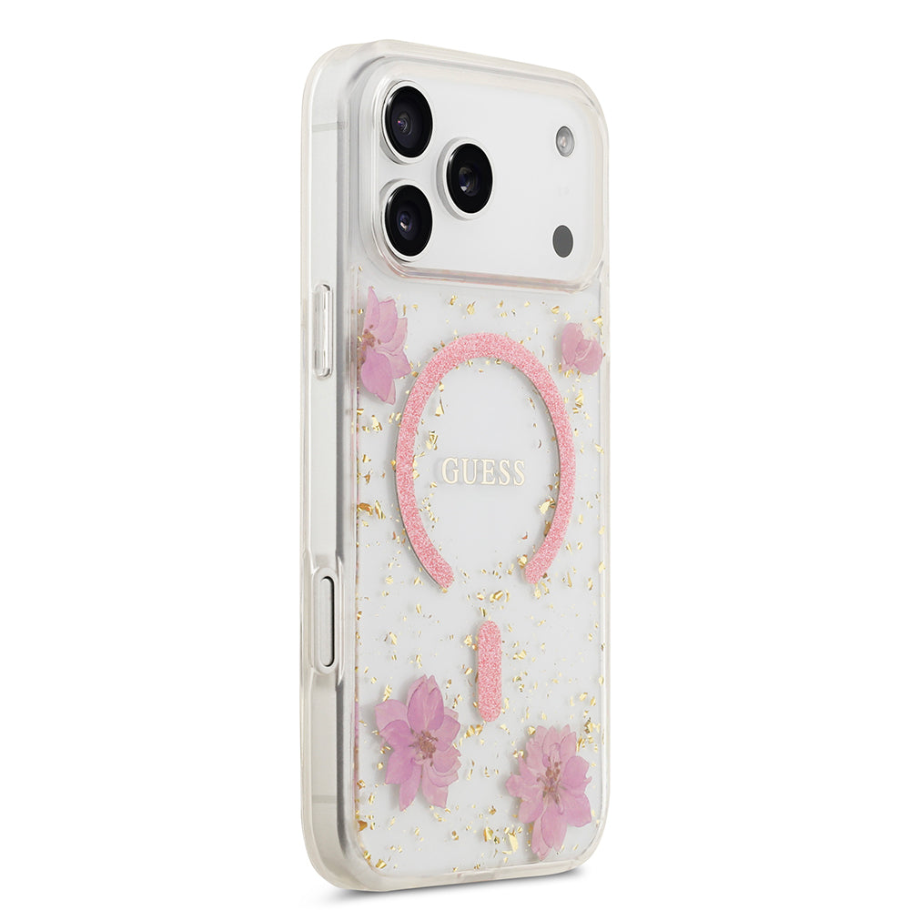 Guess iPhone 17 Pro Max Orjinal Lisanslı M-safe Şarj Özellikli Transparan Resin Flowers Kılıf