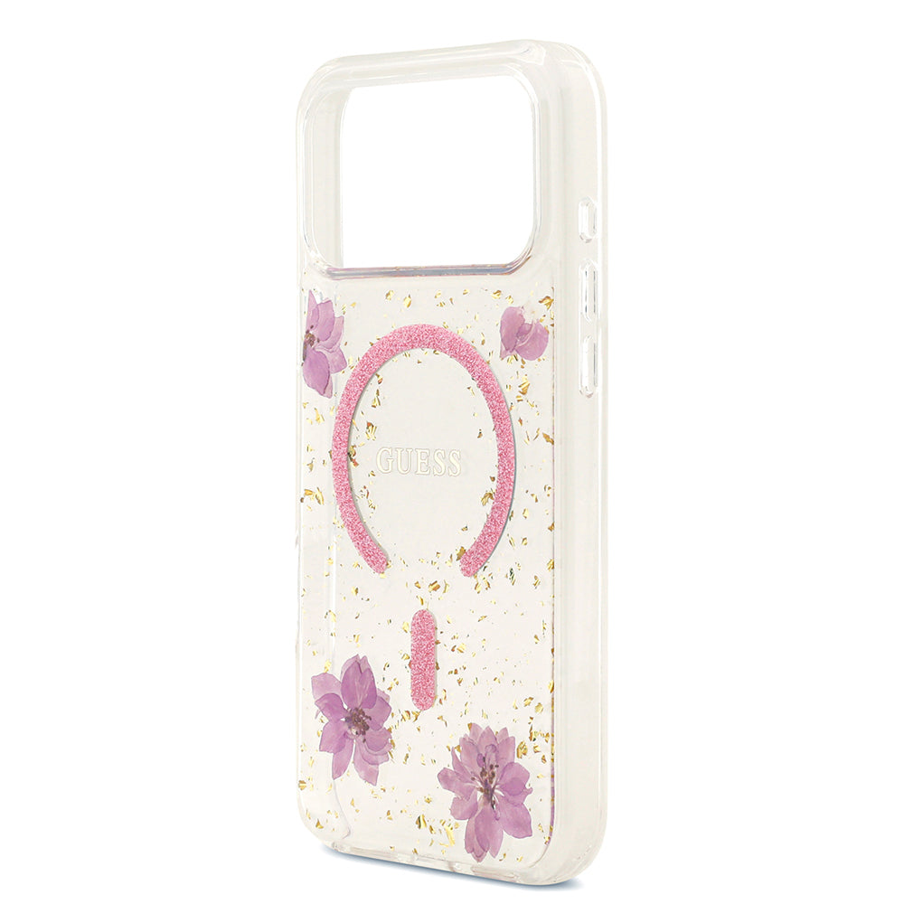 Guess iPhone 17 Pro Max Orjinal Lisanslı M-safe Şarj Özellikli Transparan Resin Flowers Kılıf