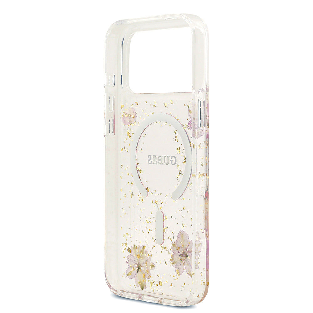 Guess iPhone 17 Pro Max Orjinal Lisanslı M-safe Şarj Özellikli Transparan Resin Flowers Kılıf