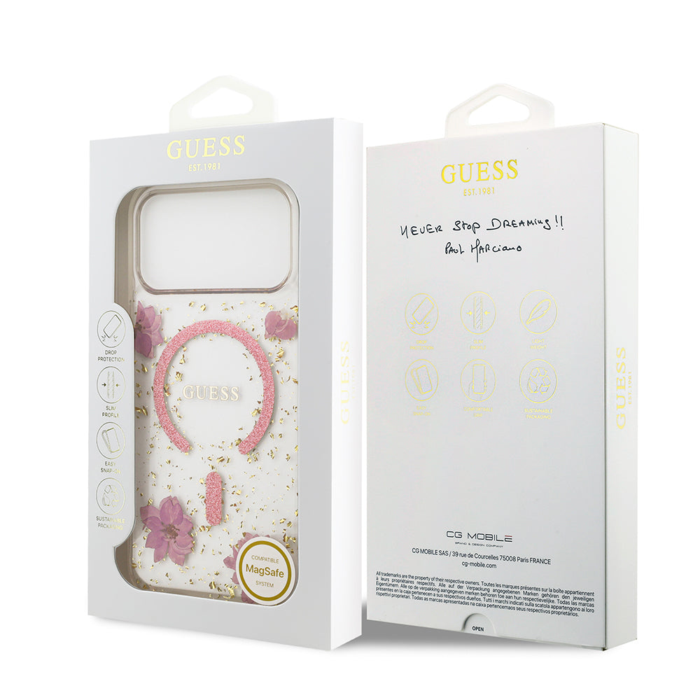 Guess iPhone 17 Pro Max Orjinal Lisanslı M-safe Şarj Özellikli Transparan Resin Flowers Kılıf
