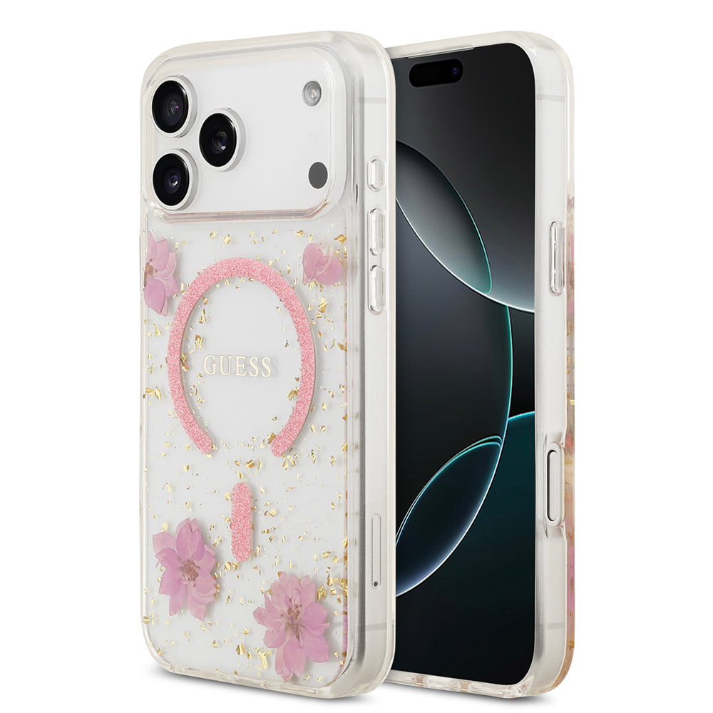 Guess iPhone 17 Pro Max Orjinal Lisanslı M-safe Şarj Özellikli Transparan Resin Flowers Kılıf