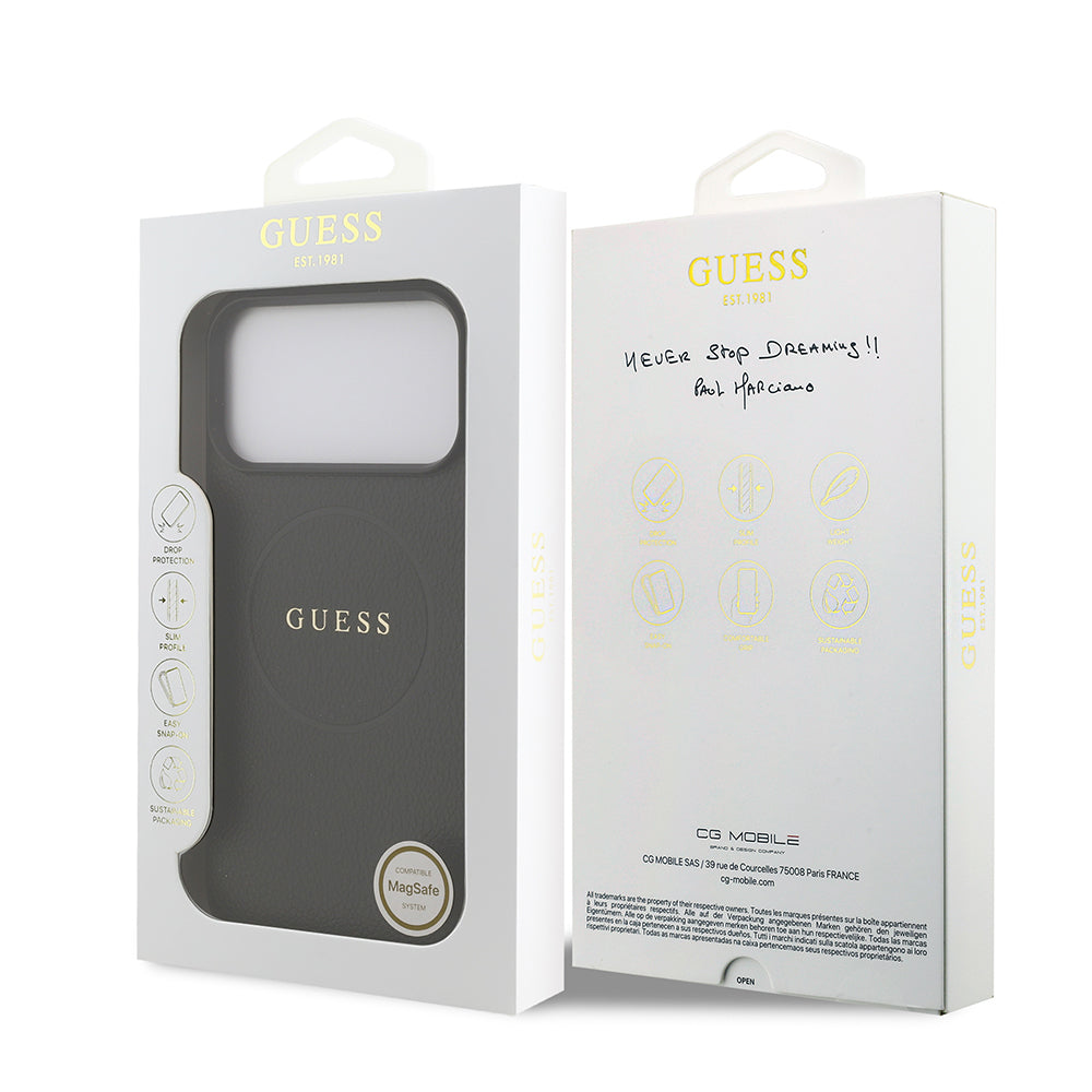 Guess iPhone 17 Pro Max Orjinal Lisanslı M-safe Şarj Özellikli Yazı Logolu PU Deri Kılıf