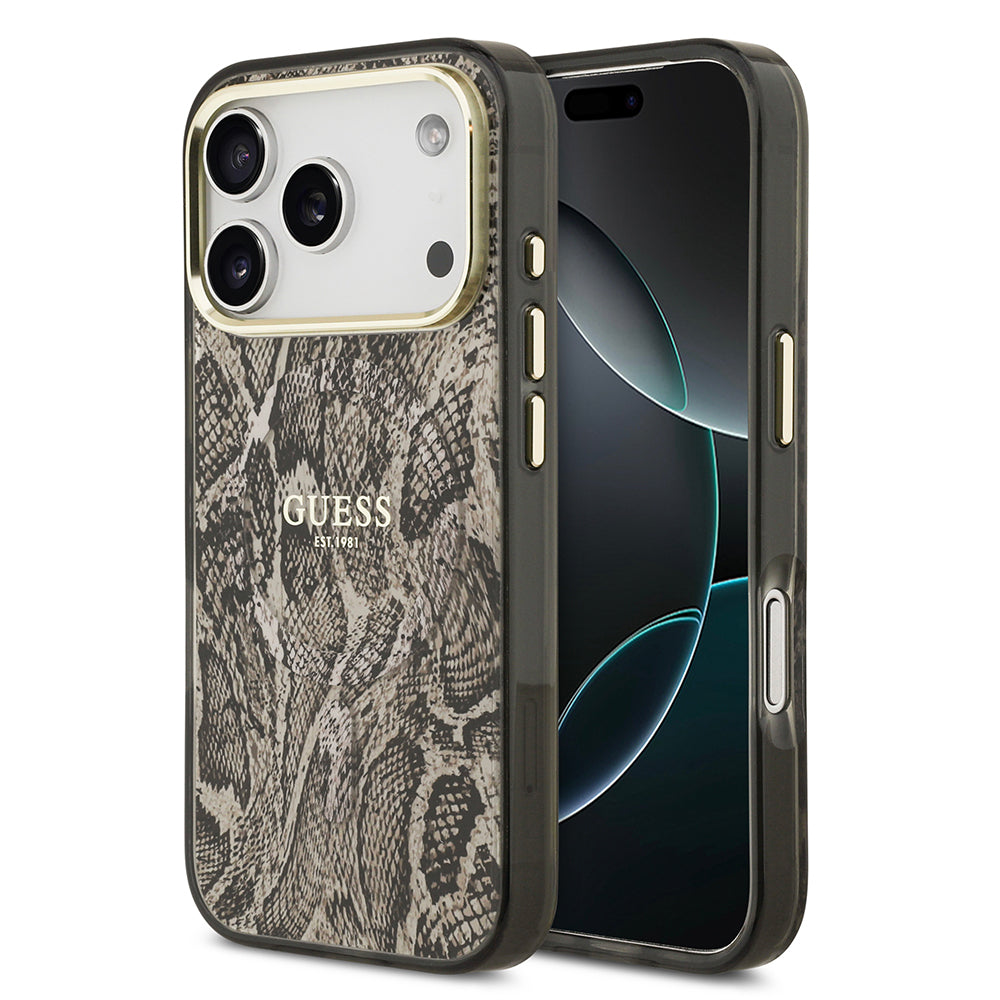 Guess iPhone 17 Pro Max Orjinal Lisanslı M-safe Şarj Özellikli Yazı Logolu Python Desenli Kılıf