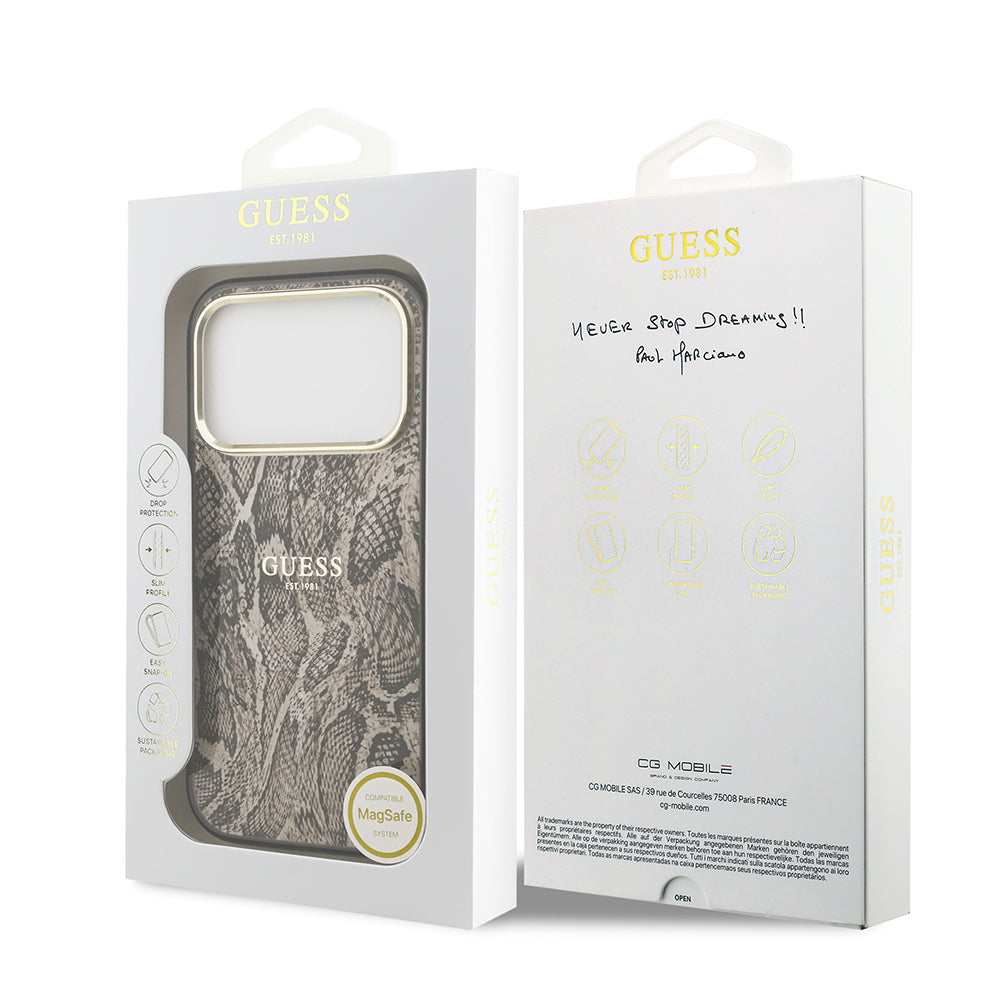 Guess iPhone 17 Pro Max Orjinal Lisanslı M-safe Şarj Özellikli Yazı Logolu Python Desenli Kılıf