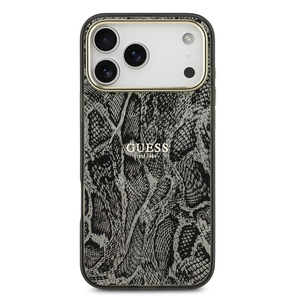 Guess iPhone 17 Pro Max Orjinal Lisanslı M-safe Şarj Özellikli Yazı Logolu Python Desenli Kılıf