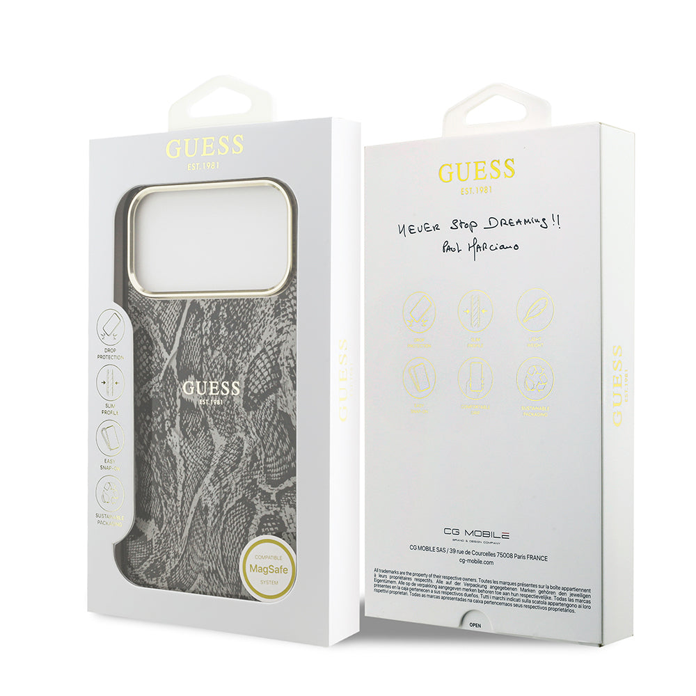 Guess iPhone 17 Pro Max Orjinal Lisanslı M-safe Şarj Özellikli Yazı Logolu Python Desenli Kılıf