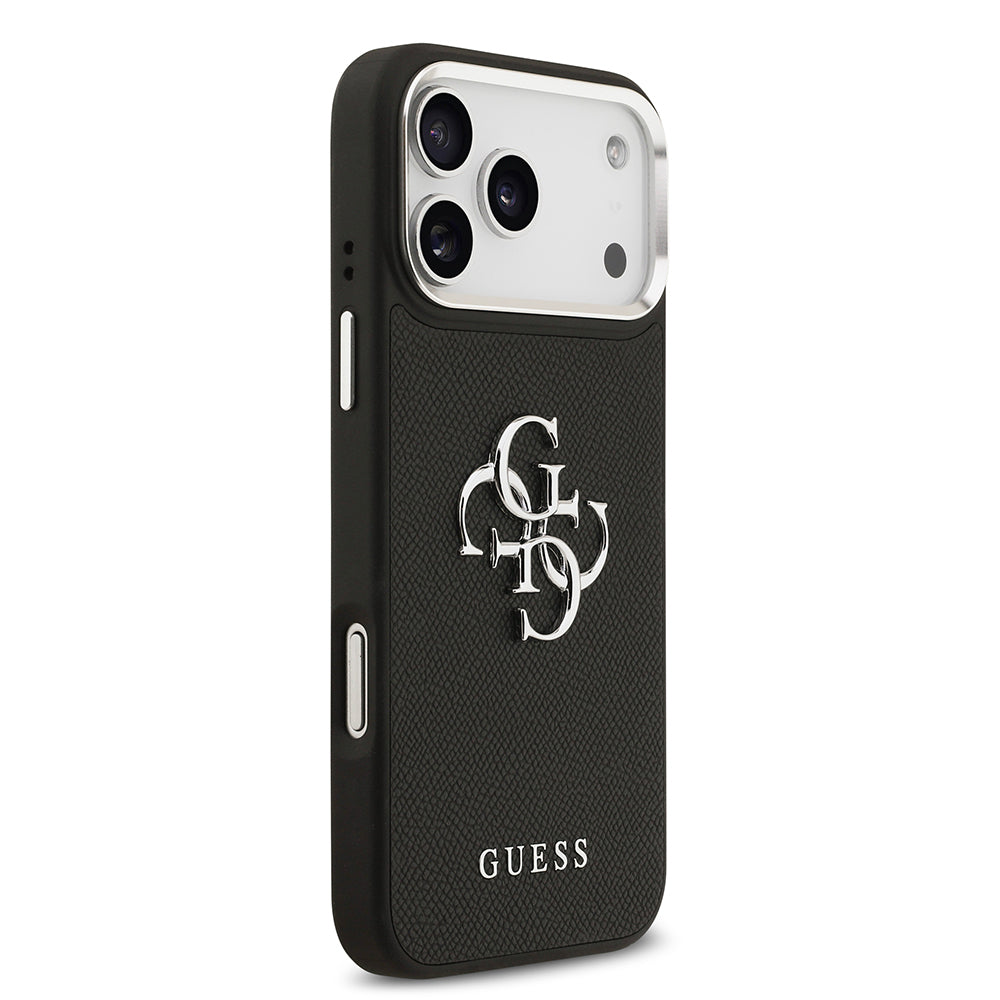 Guess iPhone 17 Pro Max Orjinal Lisanslı Metal Kamera Çerçeveli Metal Büyük 4G ve Yazı Logolu PU Deri Kılıf
