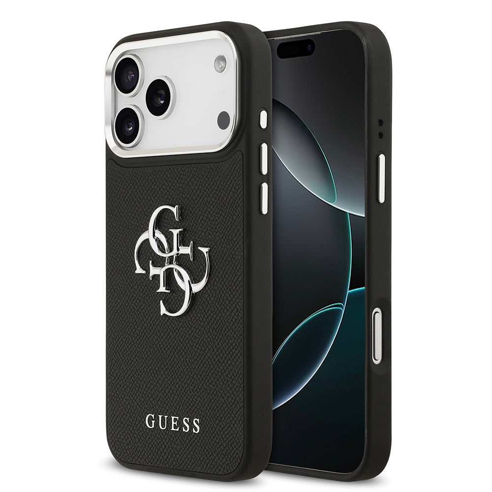 Guess iPhone 17 Pro Max Orjinal Lisanslı Metal Kamera Çerçeveli Metal Büyük 4G ve Yazı Logolu PU Deri Kılıf