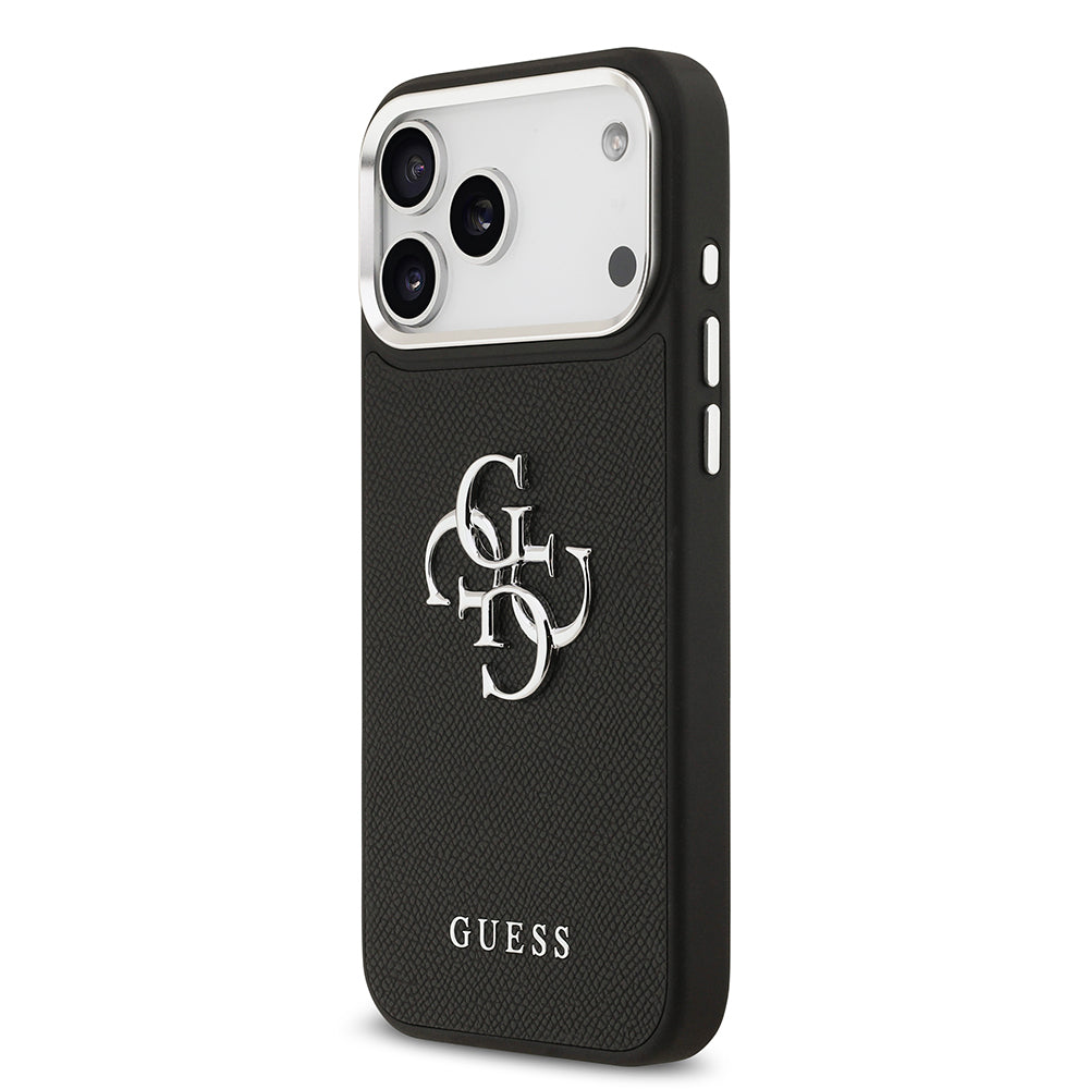 Guess iPhone 17 Pro Max Orjinal Lisanslı Metal Kamera Çerçeveli Metal Büyük 4G ve Yazı Logolu PU Deri Kılıf