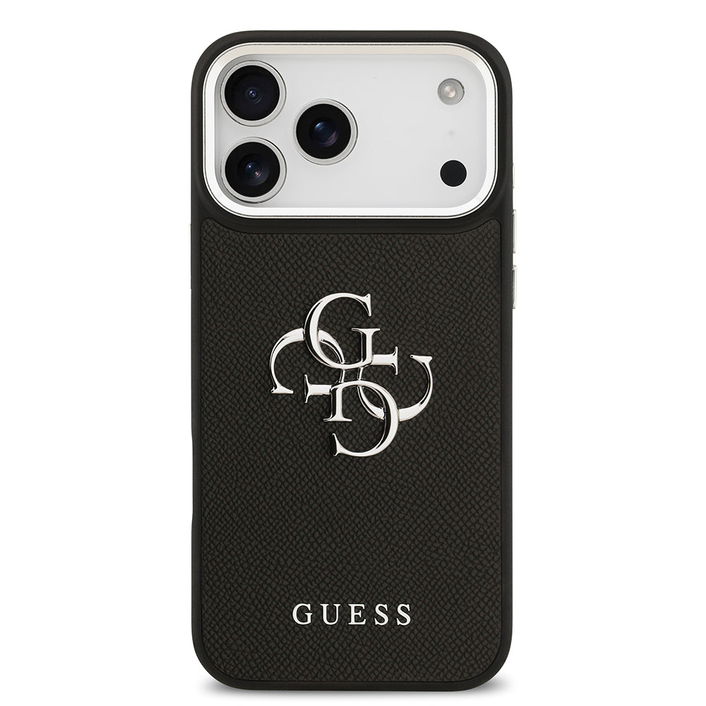 Guess iPhone 17 Pro Max Orjinal Lisanslı Metal Kamera Çerçeveli Metal Büyük 4G ve Yazı Logolu PU Deri Kılıf