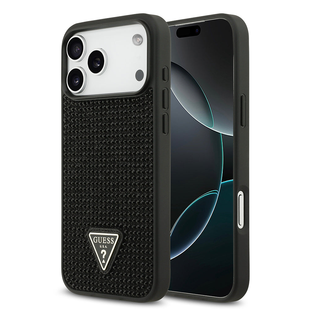 Guess iPhone 17 Pro Max Orjinal Lisanslı Taşlı Arka Yüzey Üçgen Logolu Telefon Kılıfı