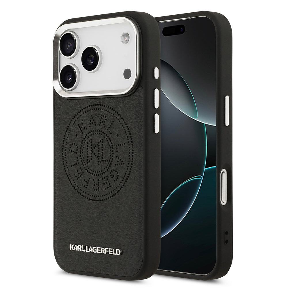 Karl Lagerfeld iPhone 17 Pro Max Orjinal Lisanslı M-safe Şarj Özellikli Delikli Tasarım Metal Logolu PU Deri Kılıf