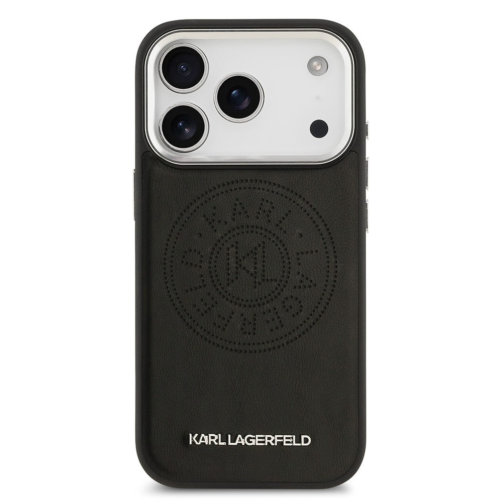 Karl Lagerfeld iPhone 17 Pro Max Orjinal Lisanslı M-safe Şarj Özellikli Delikli Tasarım Metal Logolu PU Deri Kılıf