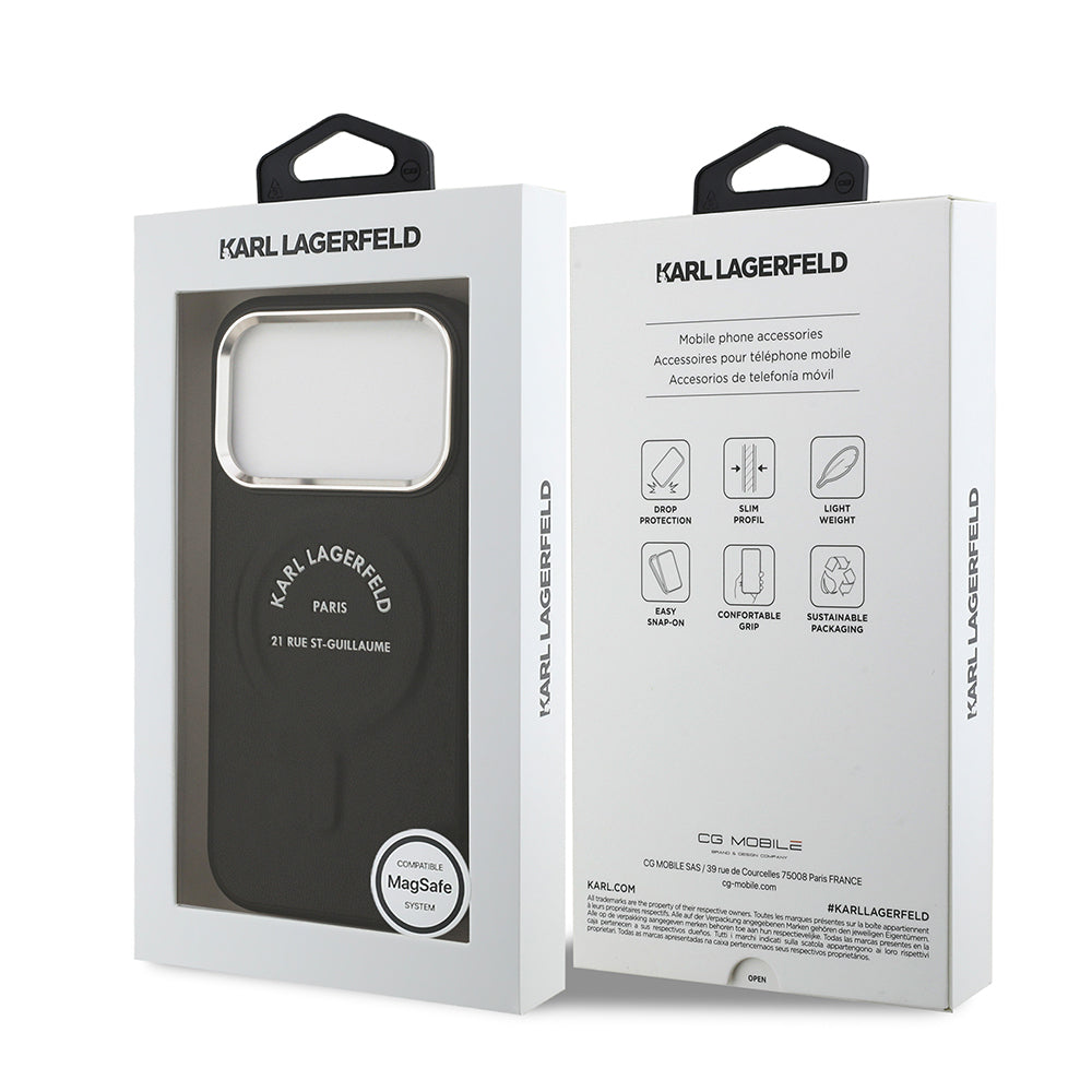 Karl Lagerfeld iPhone 17 Pro Max Orjinal Lisanslı M-safe Şarj Özellikli Metal Kamera ve Buton Tasarımlı Paris RSG PU Deri Kılıf