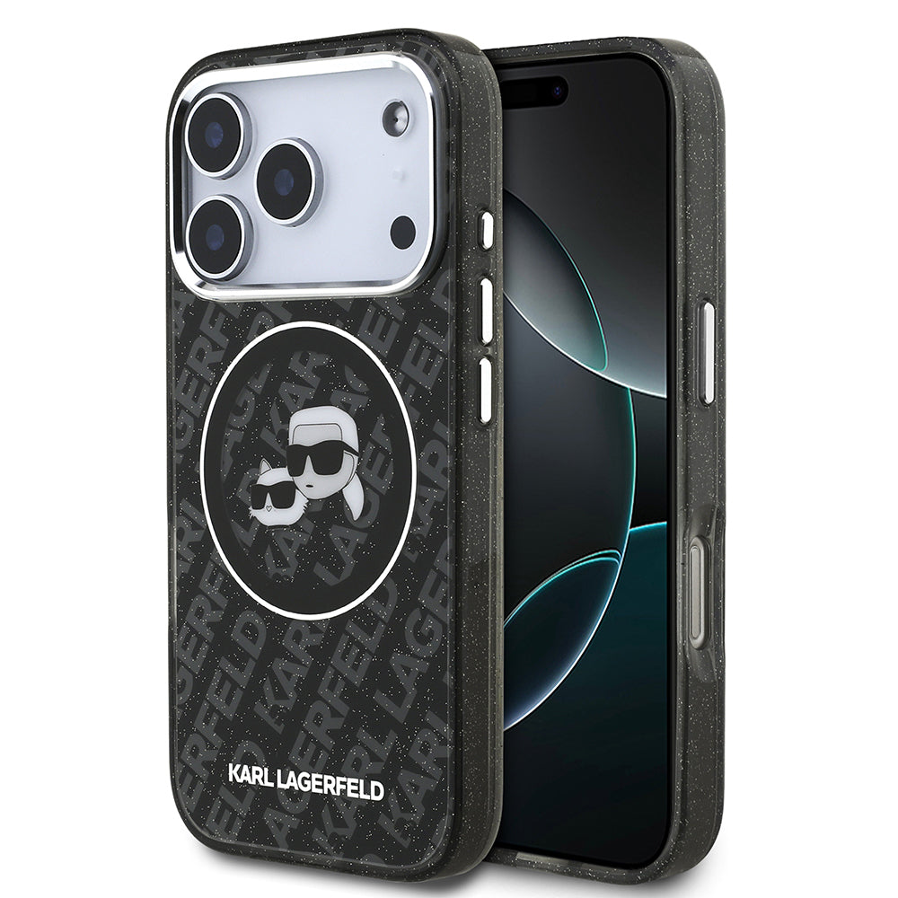 Karl Lagerfeld iPhone 17 Pro Max Orjinal Lisanslı Parlayan Simli Karl & Choupette Heads Kılıf