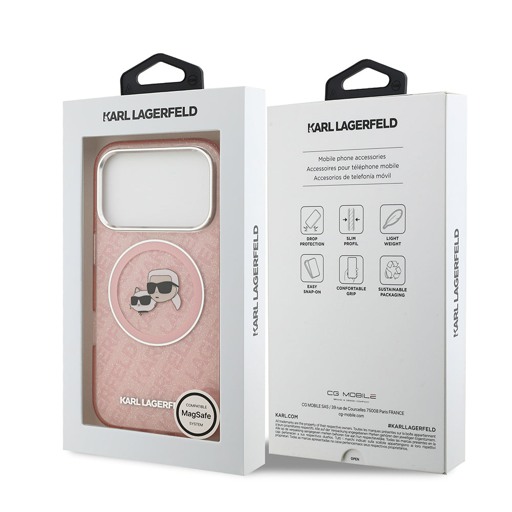 Karl Lagerfeld iPhone 17 Pro Max Orjinal Lisanslı Parlayan Simli Karl & Choupette Heads Kılıf