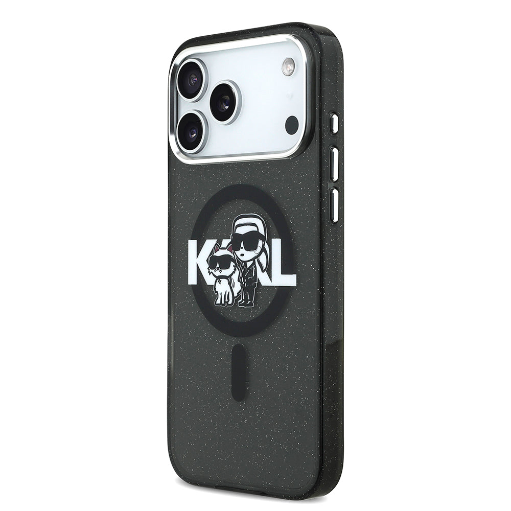 Karl Lagerfeld iPhone 17 Pro Max Orjinal Lisanslı Parlayan Simli Karl & Choupette Sketch Logo Kılıf