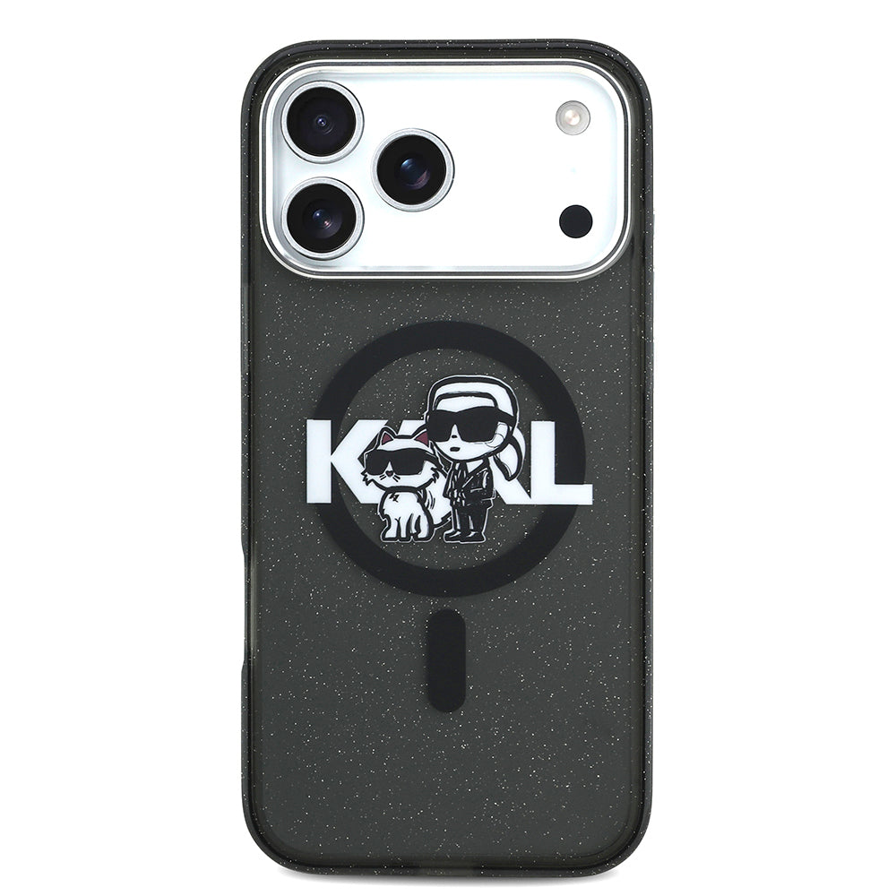 Karl Lagerfeld iPhone 17 Pro Max Orjinal Lisanslı Parlayan Simli Karl & Choupette Sketch Logo Kılıf