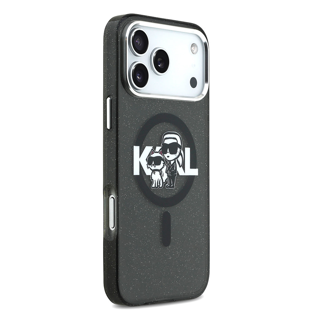 Karl Lagerfeld iPhone 17 Pro Max Orjinal Lisanslı Parlayan Simli Karl & Choupette Sketch Logo Kılıf