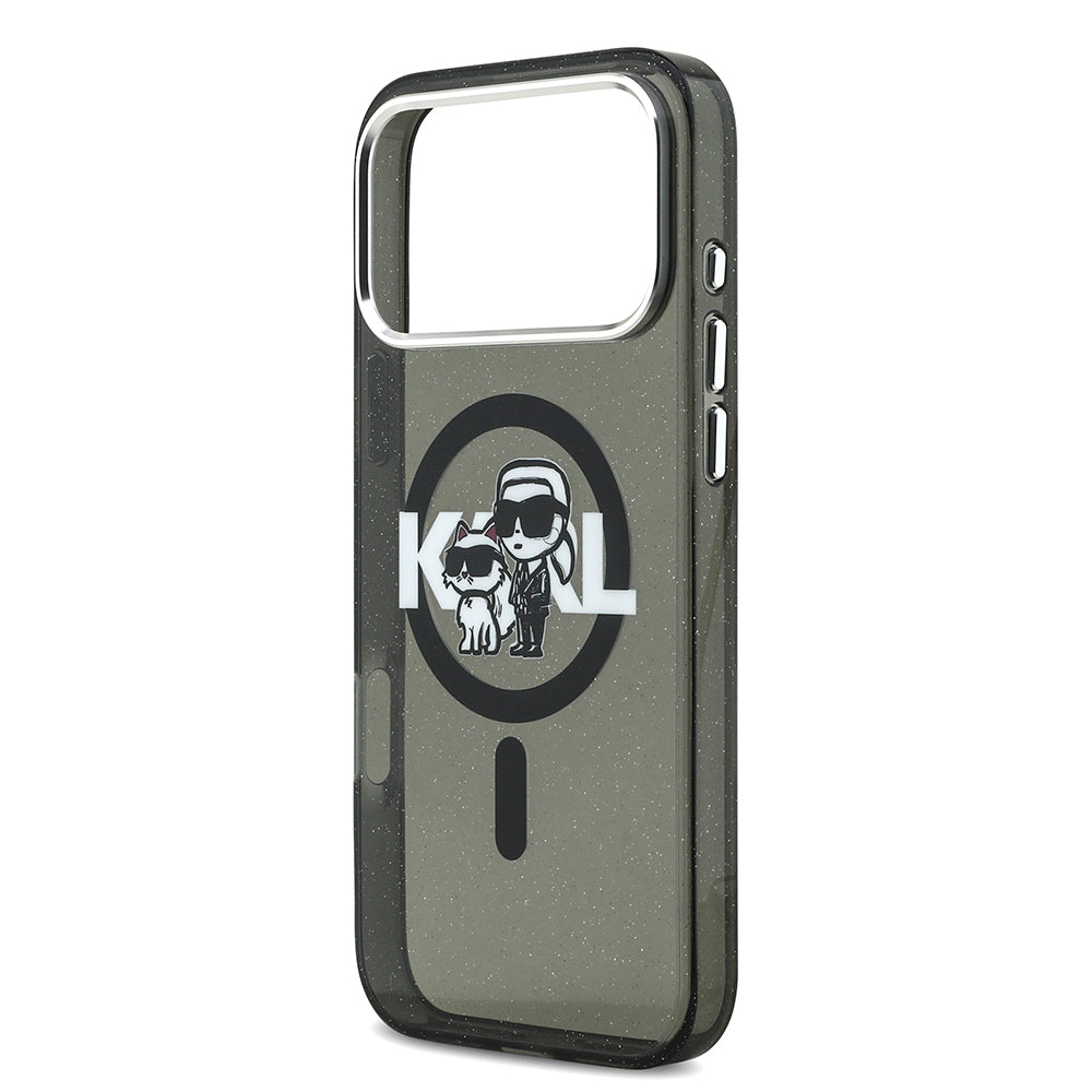 Karl Lagerfeld iPhone 17 Pro Max Orjinal Lisanslı Parlayan Simli Karl & Choupette Sketch Logo Kılıf