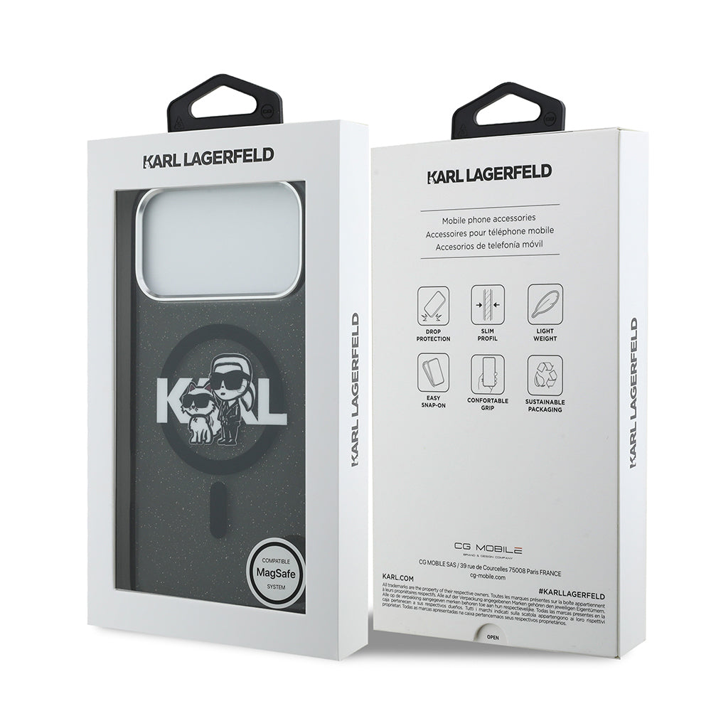 Karl Lagerfeld iPhone 17 Pro Max Orjinal Lisanslı Parlayan Simli Karl & Choupette Sketch Logo Kılıf
