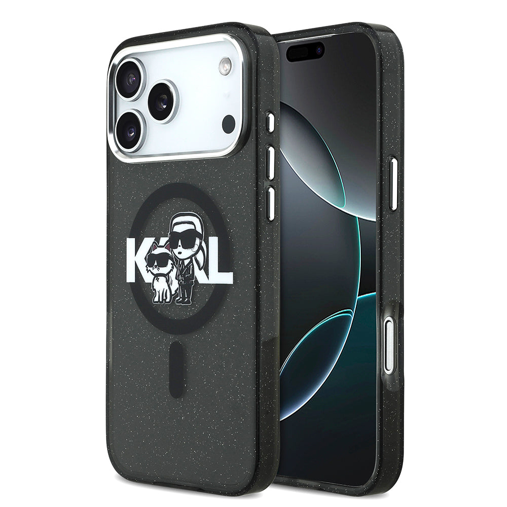 Karl Lagerfeld iPhone 17 Pro Max Orjinal Lisanslı Parlayan Simli Karl & Choupette Sketch Logo Kılıf