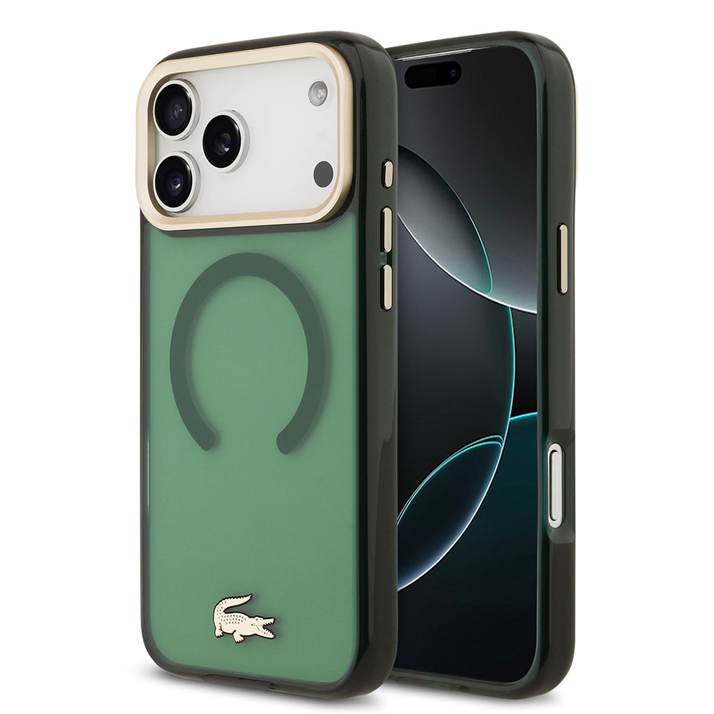 Lacoste iPhone 17 Pro Max Orjinal Lisanslı M-safe Şarj Özellikli Gold Timsah Logolu Buzlu Kılıf
