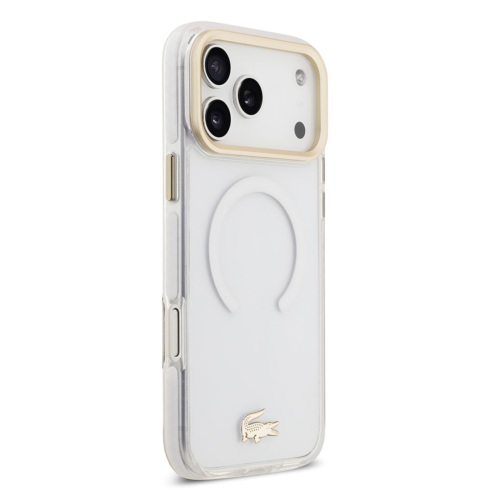 Lacoste iPhone 17 Pro Max Orjinal Lisanslı M-safe Şarj Özellikli Gold Timsah Logolu Buzlu Kılıf