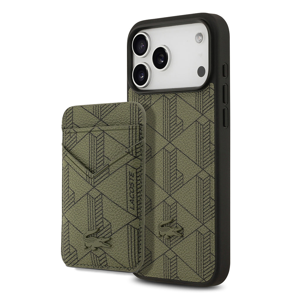 Lacoste iPhone 17 Pro Max Orjinal Lisanslı M-safe Şarj Özellikli PU Deri Tasarımlı Kartlıklı Karışık Monogram Desenli Kılıf