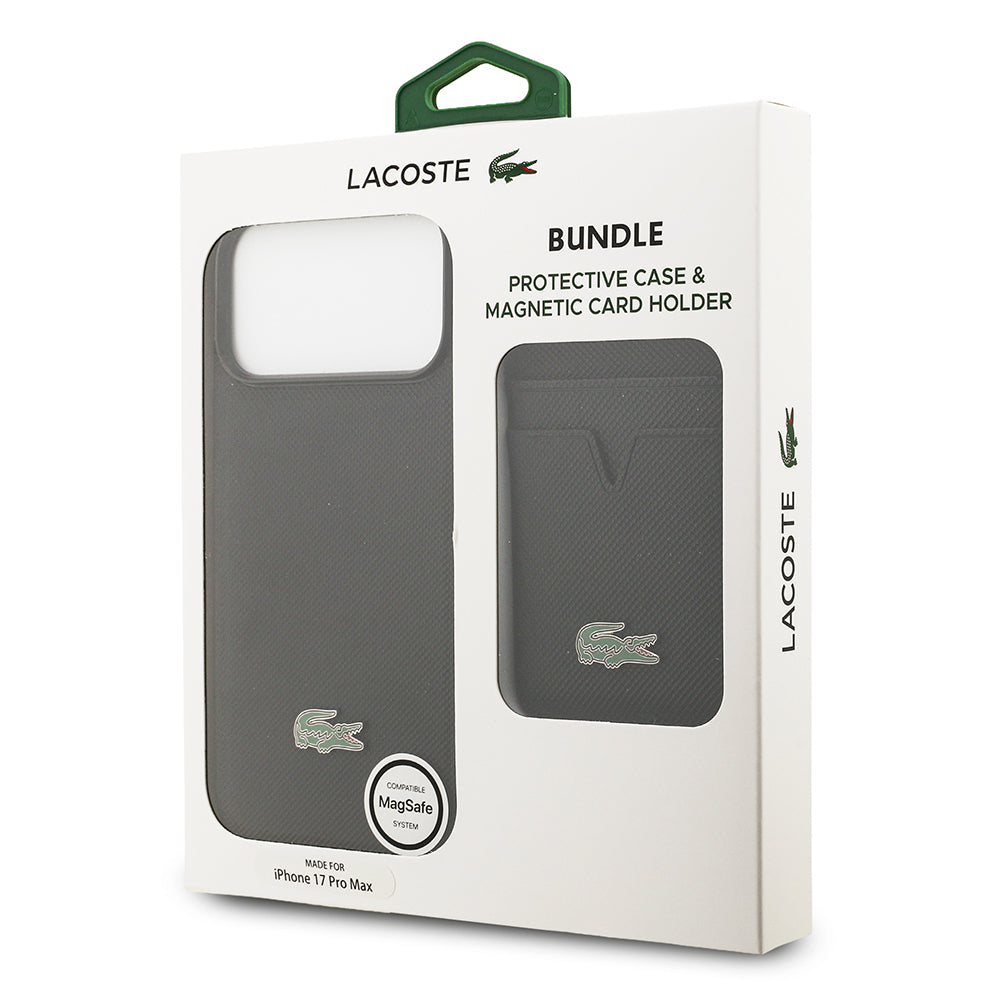 Lacoste iPhone 17 Pro Max Orjinal Lisanslı M-safe Şarj Özellikli PU Pike Desenli Metal Logolu Kartlıklı Kılıf