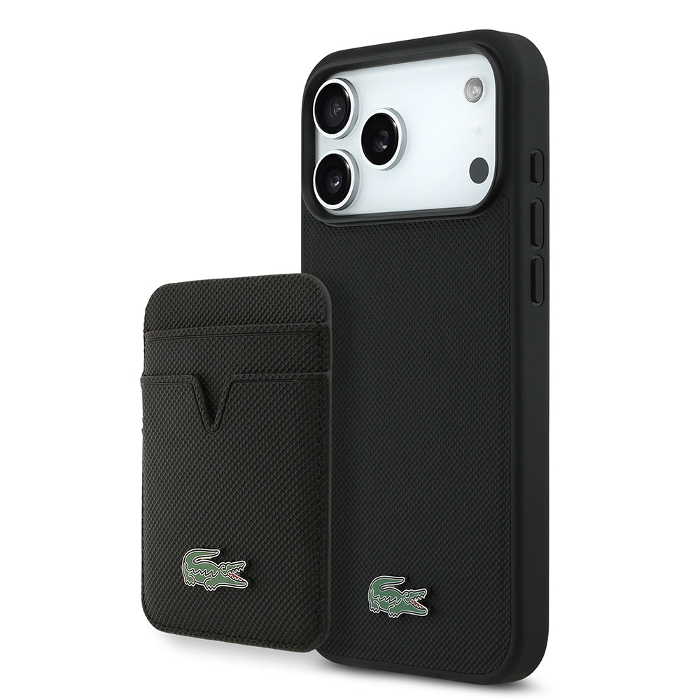 Lacoste iPhone 17 Pro Max Orjinal Lisanslı M-safe Şarj Özellikli PU Pike Desenli Metal Logolu Kartlıklı Kılıf