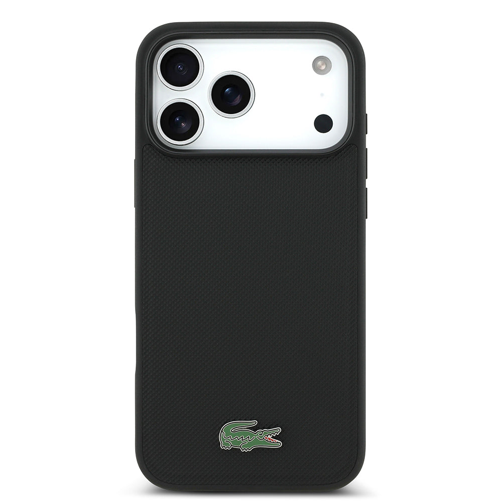 Lacoste iPhone 17 Pro Max Orjinal Lisanslı M-safe Şarj Özellikli PU Pike Desenli Metal Logolu Kartlıklı Kılıf