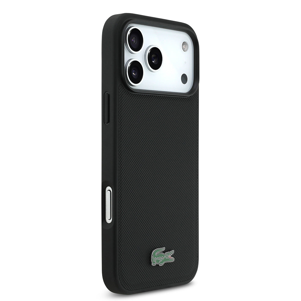 Lacoste iPhone 17 Pro Max Orjinal Lisanslı M-safe Şarj Özellikli PU Pike Desenli Metal Logolu Kartlıklı Kılıf