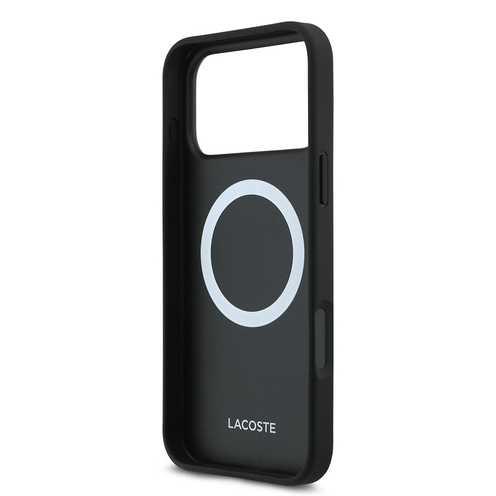 Lacoste iPhone 17 Pro Max Orjinal Lisanslı M-safe Şarj Özellikli PU Pike Desenli Metal Logolu Kartlıklı Kılıf