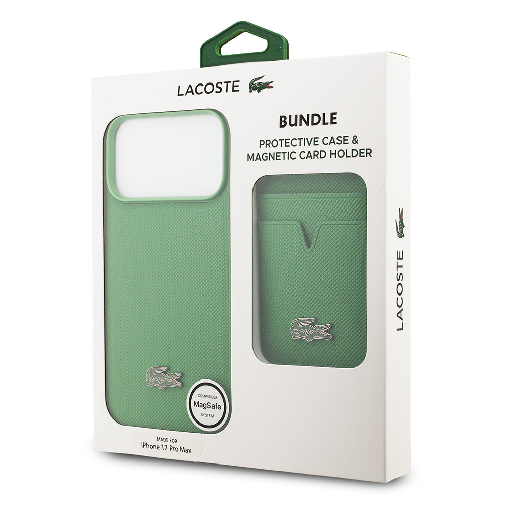 Lacoste iPhone 17 Pro Max Orjinal Lisanslı M-safe Şarj Özellikli PU Pike Desenli Metal Logolu Kartlıklı Kılıf